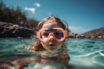 Little girl snorkeling on the sea. AI generative
