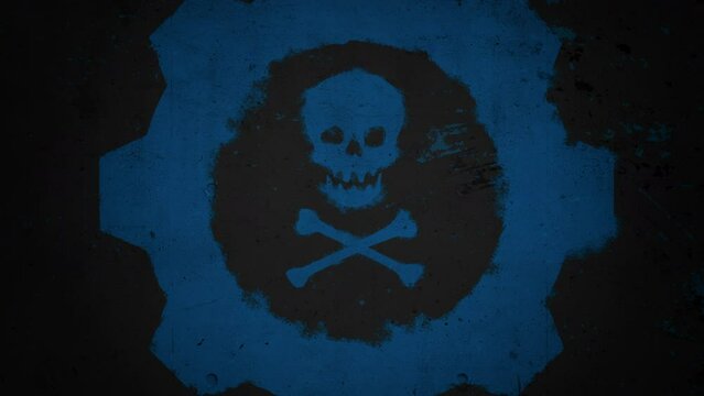 Blue skull and toxic sign on grunge texture, motion holidays, horror and Halloween style background