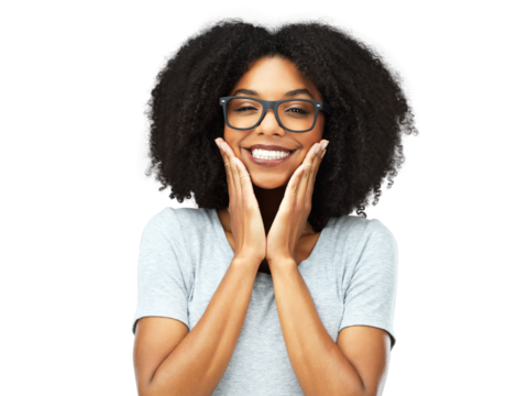 Happy, smile and portrait of a woman with a cute, innocent and sweet facial expression. Happiness, glasses and female model from Brazil with hands on her face isolated by a transparent png background