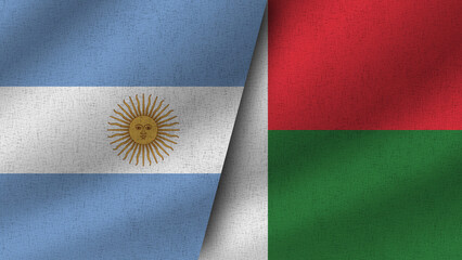 Madagascar and Argentina Realistic Two Flags Together, 3D Illustration