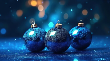 Two blue Christmas balls on golden glitter on blue background. Generative Ai
