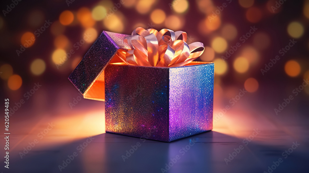 Aufkleber open gift box with shiny and defocused light and abstract bokeh. generative ai
