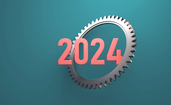 New Year 2024 Creative Design Concept with Gears - 3D Rendered Image	

