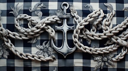 A nautical pattern of anchors and ropes in navy and white