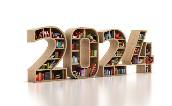 New Year 2024 Creative Design Concept with Book Shelf - 3D Rendered Image	

