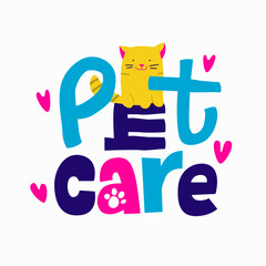 Pet care. Cartoon illustration heakth with colorful cat and silhouette paw. Hand drawn lettering style