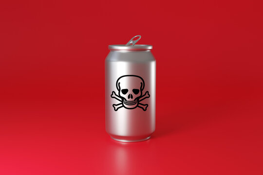 Opened silver soda can with a black skull mark on red background. Illustration of the harm of soft drinks to health