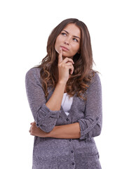 Thinking, choice and woman with idea and decision on isolated, png and transparent background....