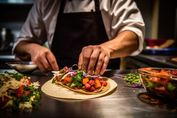 Taco Perfection: Expert Chef, Low-Angle Photo, Fresh Ingredients Diced to Culinary Excellence in Tasty Food Preparation
