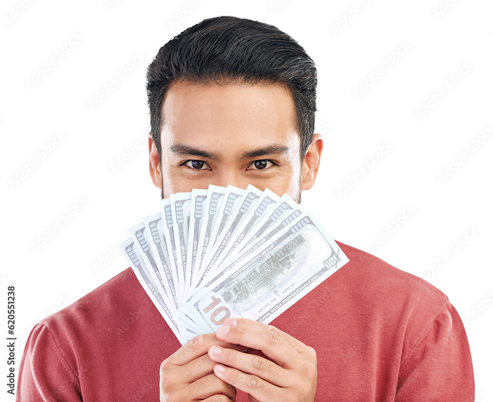 Sticker Money, portrait and man with cashback, reward or bonus earnings on isolated, transparent or png background. Cash, savings and male winner with financial freedom, lottery or bet, gamble or bingo prize