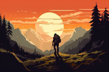 hiking adventure man in the mountains illustration Generative AI