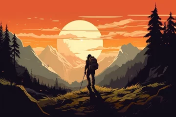 Keuken foto achterwand Baksteen hiking adventure man in the mountains illustration Generative AI