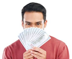 Money, portrait and man with cashback, reward or bonus earnings on isolated, transparent or png background. Cash, savings and male winner with financial freedom, lottery or bet, gamble or bingo prize