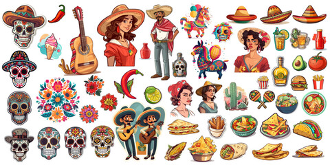 Mexico Icons Carnival, Cinco de Mayo, Mexican Cuisine, Traditional Holiday Fiesta, Food and Festival Symbols, Guitar, spice, burrito, taco, fast-food, character