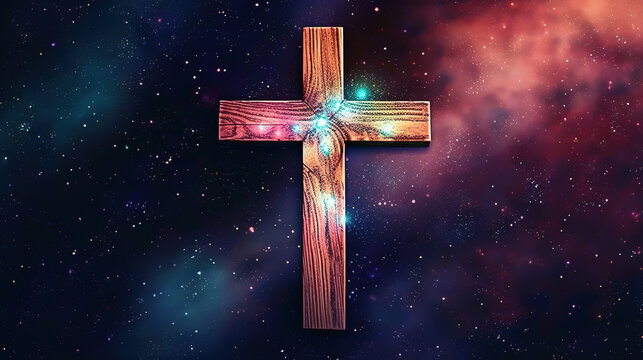 Wooden Christian Cross with Christmas lights decotation and the night sky. Generative Ai