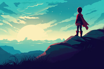hero child with cape on a cliff look in colorful sky illustration Generative AI - obrazy, fototapety, plakaty