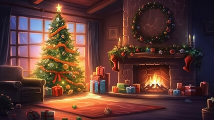 Christmas decorated tree in dark interior with fireplace. Generative Ai