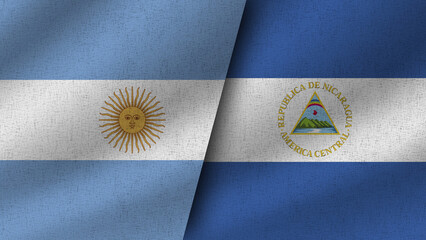 Nicaragua and Argentina Realistic Two Flags Together, 3D Illustration
