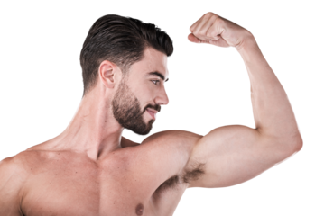 Arm flex, strong man and fitness profile isolated on transparent, png background for health or workout progress. body builder, power and wellness of sports person with exercise and training goals