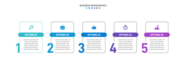 Timeline infographic with infochart. Modern presentation template with 5 spets for business process. Website template on white background for concept modern design. Horizontal layout.