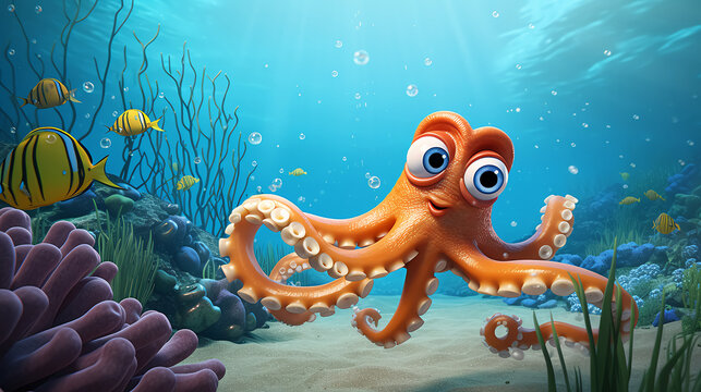 beautiful cute sea creatures cartoonish, generative ai