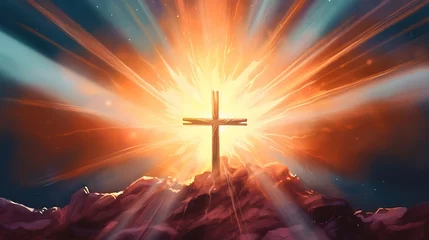 Foto op Plexiglas Cross of jesus christ on a background with dramatic lighting. Generative Ai © Mukhlesur