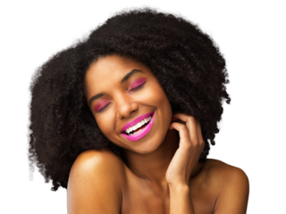 Beauty, cosmetics and makeup with face of black woman on png for smile, dermatology and hairstyle. Natural, glow and skincare with model isolated on transparent background for self care and salon