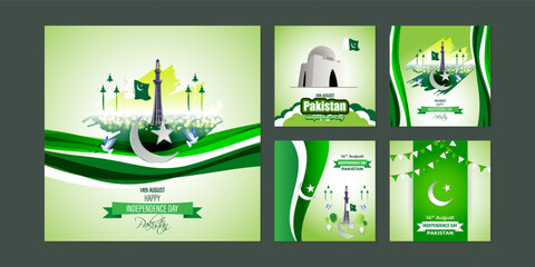 Vector illustration of Happy Pakistan Independence Day social media story feed set mockup template