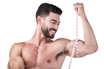 Exercise, muscle and man with tape measure for biceps, body and progress isolated on png transparent background. Bodybuilder, male athlete and fitness, measuring arms and strong, happy with results