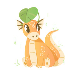 Cute little dragon is sitting in the rain and to take shelter under an plant.