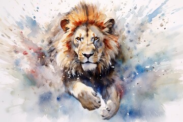 fluidity and unpredictability of watercolors by creating a dynamic and energetic lion print. bold brushstrokes and splashes of color to depict the lion's movement and power - obrazy, fototapety, plakaty