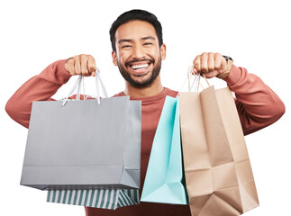 Happy asian man, portrait and shopping bags of customer isolated on a transparent PNG background. Male person or shopper with smile for luxury gifts, purchase or payment in buying, discount or sale - obrazy, fototapety, plakaty