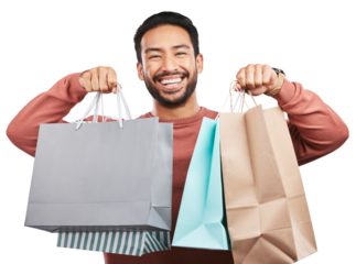 Happy asian man, portrait and shopping bags of customer isolated on a transparent PNG background. Male person or shopper with smile for luxury gifts, purchase or payment in buying, discount or sale