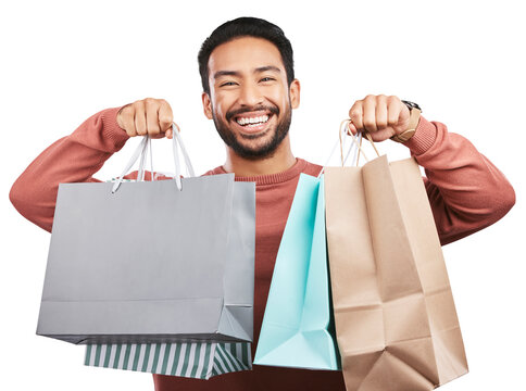Happy asian man, portrait and shopping bags of customer isolated on a transparent PNG background. Male person or shopper with smile for luxury gifts, purchase or payment in buying, discount or sale