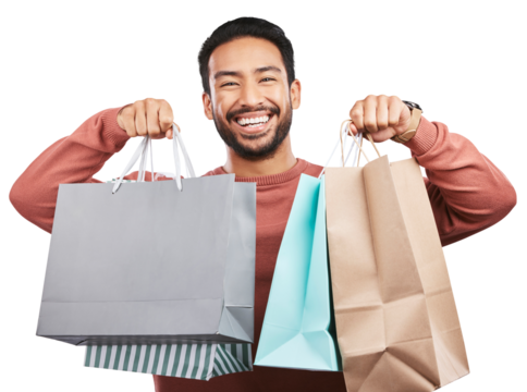 Happy asian man, portrait and shopping bags of customer isolated on a transparent PNG background. Male person or shopper with smile for luxury gifts, purchase or payment in buying, discount or sale