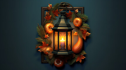 Christmas decorations with lantern on fir tree background. Generative Ai