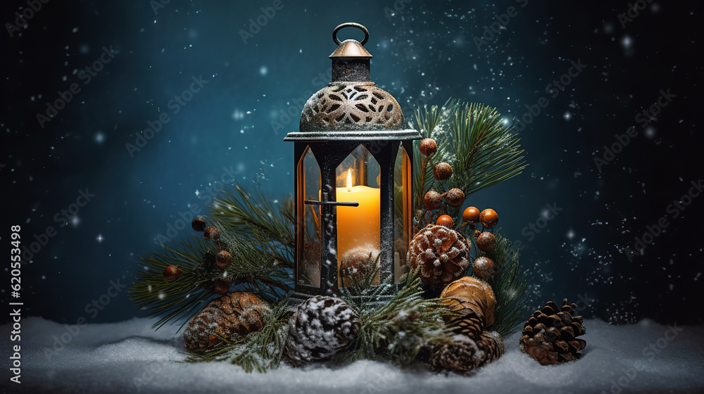 Poster christmas lantern on snow with fir branch isolated on white background . generative ai