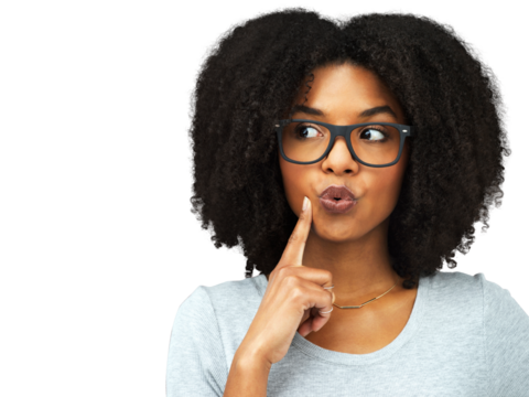 Thinking, hand on face and African woman with idea for brainstorming, planning or problem solving on isolated or transparent mockup. Inspiration, model with decision or choice on png background