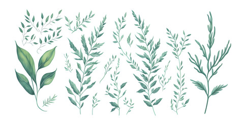 Set of watercolor green leaves elements on transparent background,generative ai