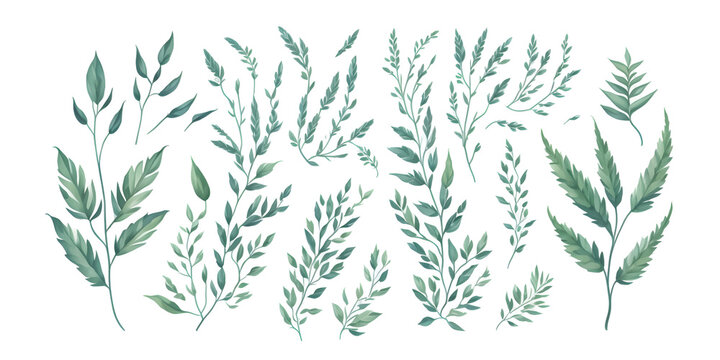 Set of watercolor green leaves elements on transparent background,generative ai