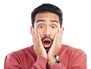 Surprise, wow and hands on face of asian man with gossip, secret or drama on isolated, transparent or png background. Wtf, news and male portrait with omg emoji for promo, deal or coming soon sale