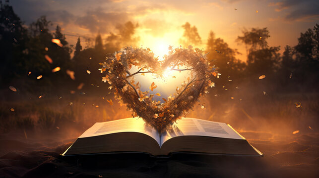 The Bible the Word of God with an heart at sunset the Creation of God Generative AI Illustration