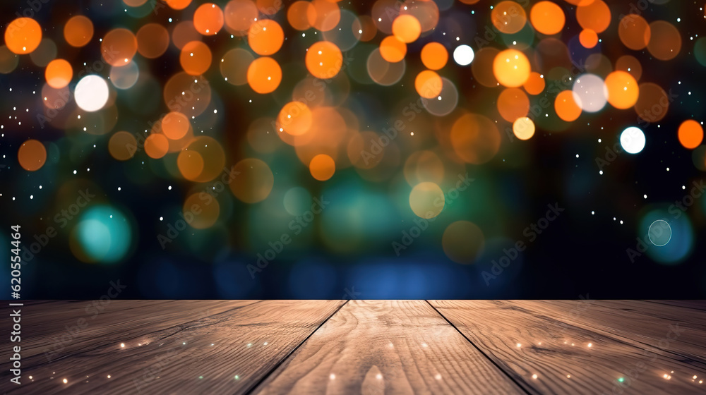 Aufkleber background with bokeh lights and bokeh wood table christmas blur background. generative ai