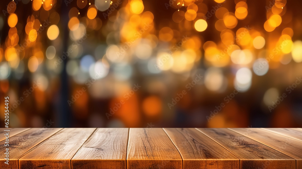 Poster background with bokeh lights and bokeh wood table christmas blur background. generative ai