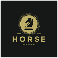 Chess strategy game logo with horse, king, pawn, minister and rook. Logo for chess tournament, chess team, chess championship, chess game application.