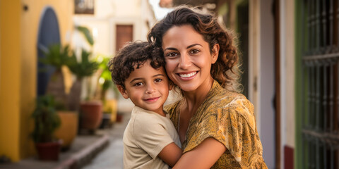 Mother and son posing outside.