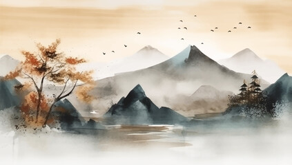 Abstract hand painted watercolour Japanese themed landscape background - 620554650