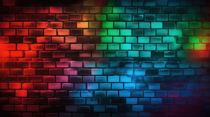 Modern futuristic neon lights on old grunge brick wall room background. Generative Ai