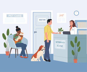 Pet veterinary clinic. Man with dog  on reception in veterinary clinic.  Woman with cat on the chair. Vector flat cartoon illustration
