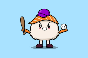 Cute cartoon Sushi character playing sport in flat cartoon style illustration